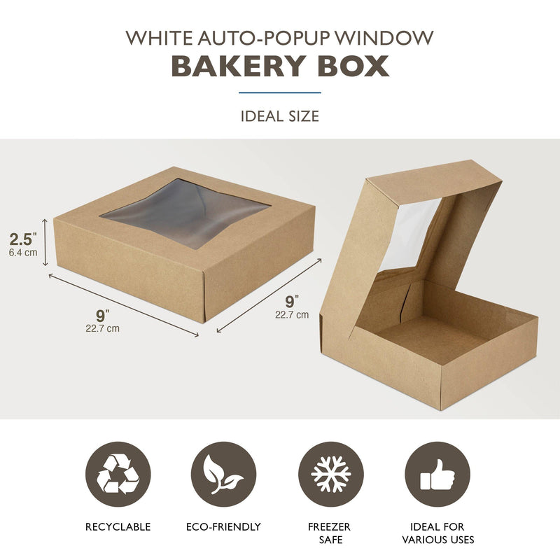 9x9 Bakery Boxes with Window - Square Kraft Pie Boxes with Auto Pop-up Clear Window - Inbulks