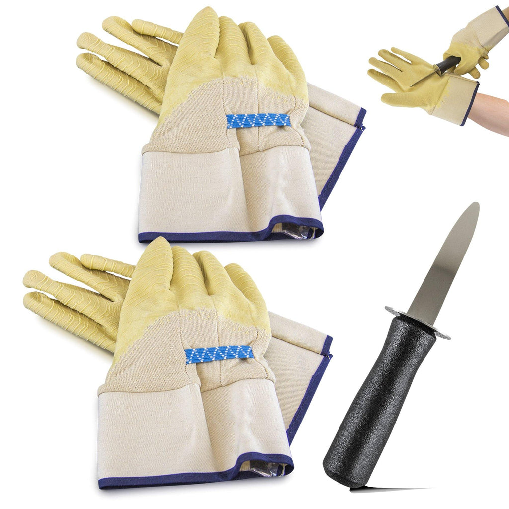 Oyster Knife with Rubber-Dipped Oyster Shucking Gloves - 2 Pairs of Gloves + 1 Knife