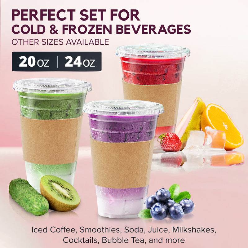 Plastic Cups with Lids and Coffee Sleeves - Flat Lids and Kraft Cardboard Jacket, Straw Slotted - Inbulks