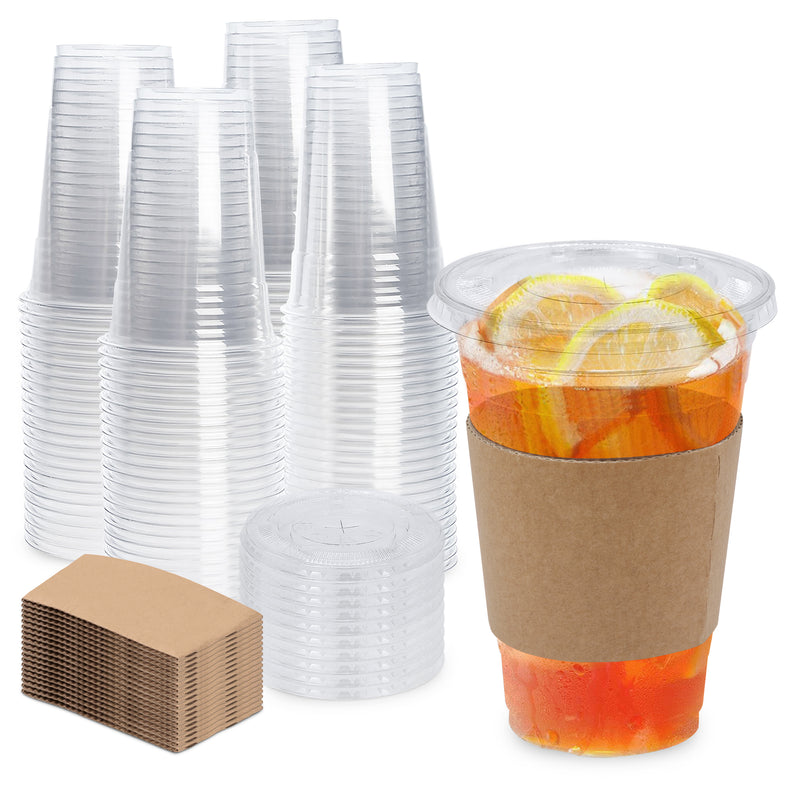 Plastic Cups with Lids and Coffee Sleeves - Flat Lids and Kraft Cardboard Jacket, Straw Slotted - Inbulks