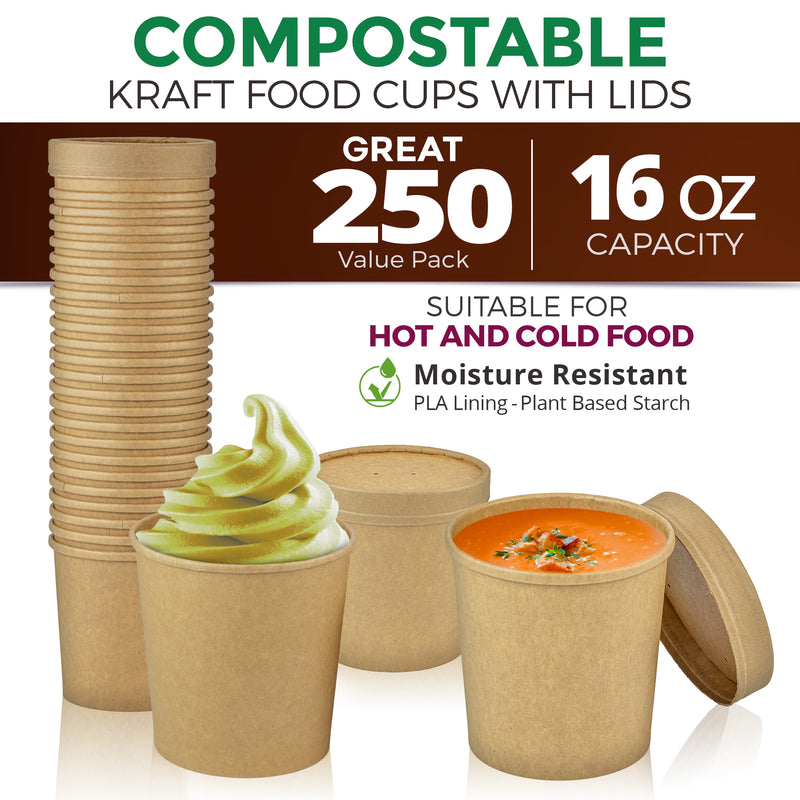 Kraft Compostable Paper Food Cup with Vented Lid - Inbulks