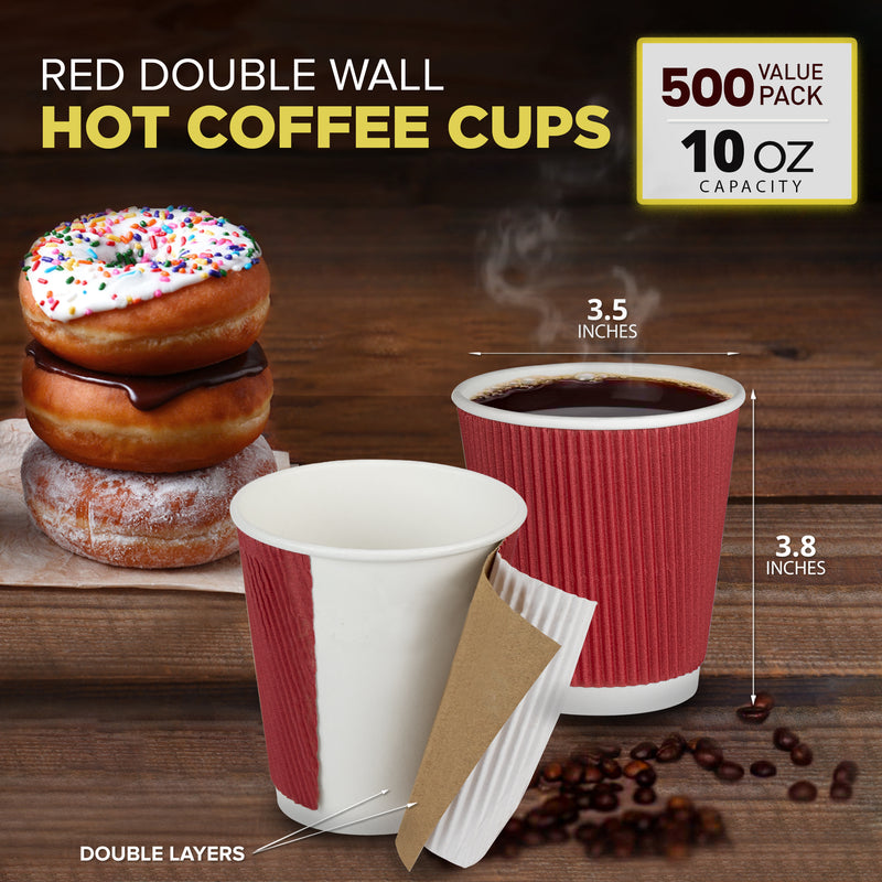Disposable Coffee Cups w/ Dark Red Double Wall Insulated Ripple Sleeves [500 Pieces] - Inbulks