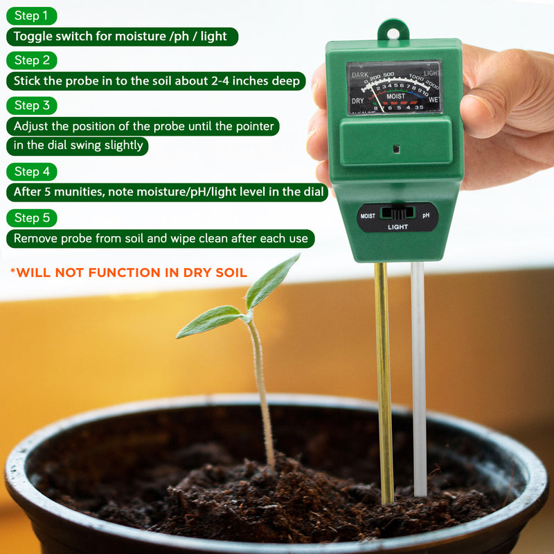 Soil Testing Kit - pH Meter, Moisture and Light 3 in 1 Tester [2 Pack] - Inbulks