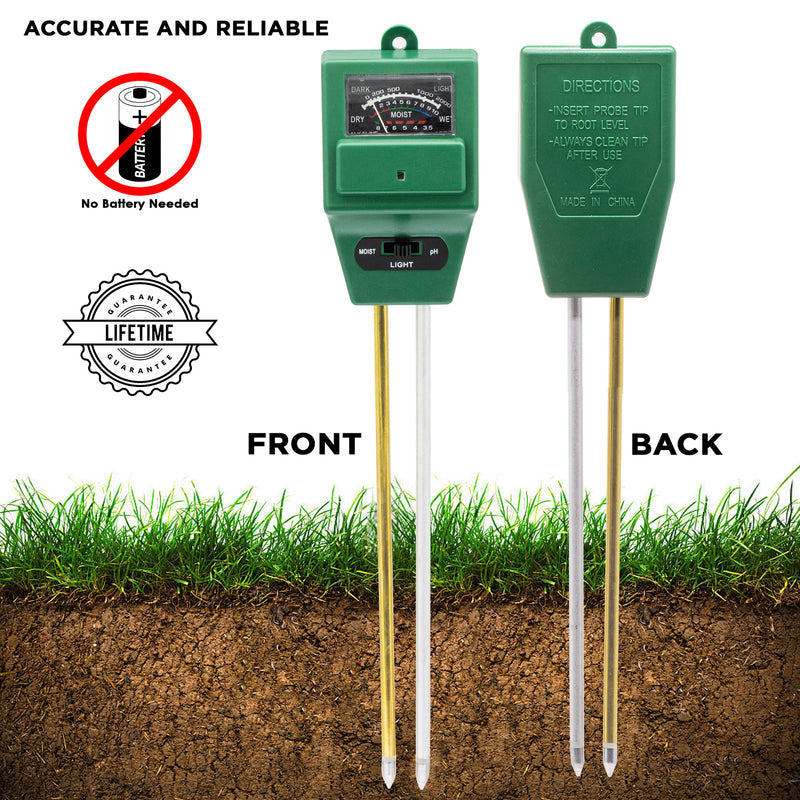 Soil Testing Kit - pH Meter, Moisture and Light 3 in 1 Tester [2 Pack] - Inbulks
