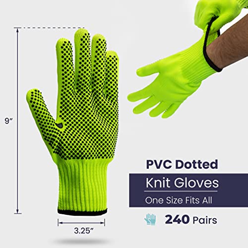 Fluorescent yellow polyester string knitted gloves, with PVC dots on one side 240pairs - Inbulks