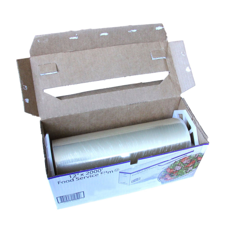 Plastic Food Film Seal Wrap in Cutter Dispenser, Stretch Tight, Food Service Grade, 12" x 2000' Square Feet Roll - Inbulks
