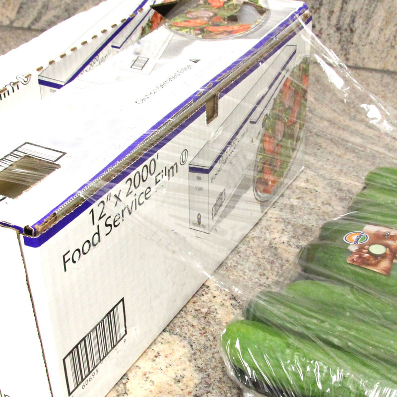 Plastic Food Film Seal Wrap in Cutter Dispenser, Stretch Tight, Food Service Grade, 12" x 2000' Square Feet Roll - Inbulks
